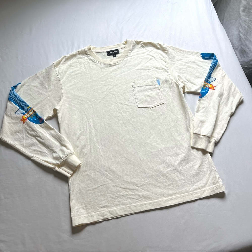 SHADOW HILL ivory cream crew neck logo‎ one pocket graphic long sleeve T-shirt